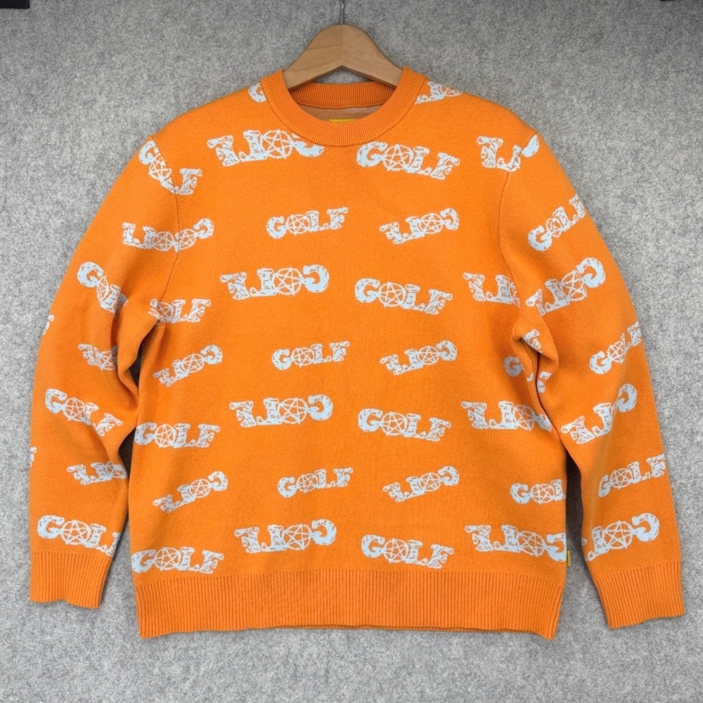 Golf Wang Ritual Sweater Men's Medium Orange Jacquard Blue All Over‎ Logo Knit
